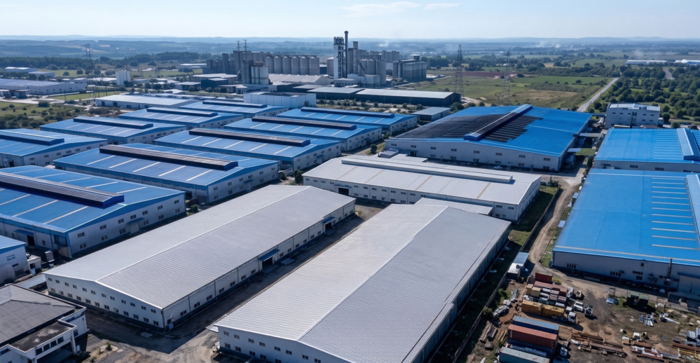 Aerial view of warehouse complex